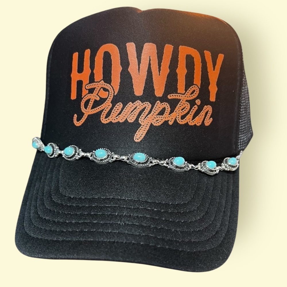 Howdy Pumpkin Black Trucker Hat with Turquoise Chain